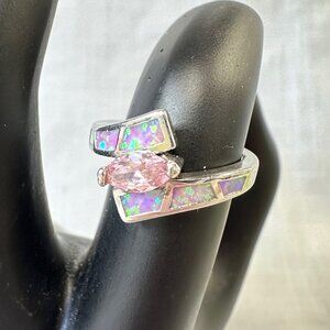 Pink CZ and Fire Opal Crossover Bypass Silver Tone Ring